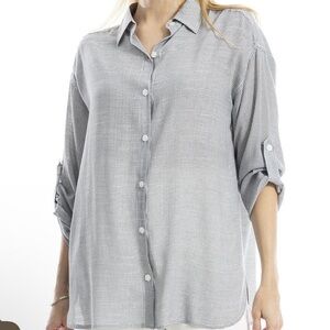 Max Studio London NWT Sz S Gray White Micro-Check Button Down Shirt Roll Tab Slv